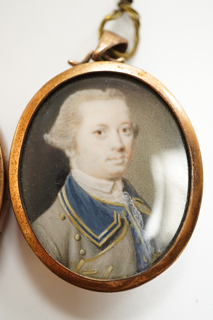 Late Georgian School, Portrait miniatures of gentleman, pair of oval watercolours on ivory, housed in pendant frames, 3.5 x 3cm, CITES Submission reference KQPH4A4C